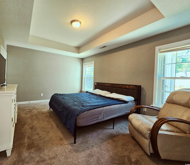 bedroom with a tray ceiling, a textured ceiling, carpet, baseboards, and visible vents