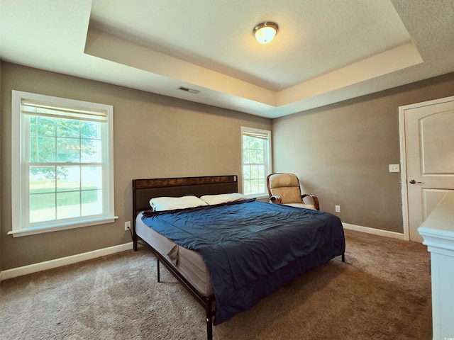 carpeted bedroom with baseboards, a raised ceiling, and visible vents