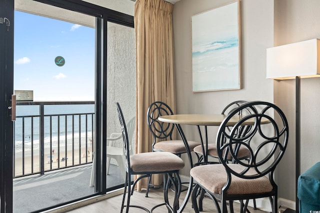 interior space with a water view