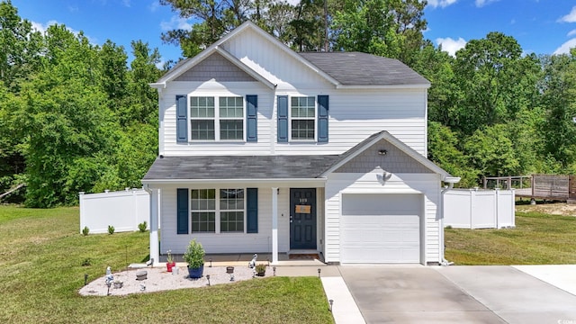 traditional-style house with a porch, concrete driveway, fence, and a shingled roof
