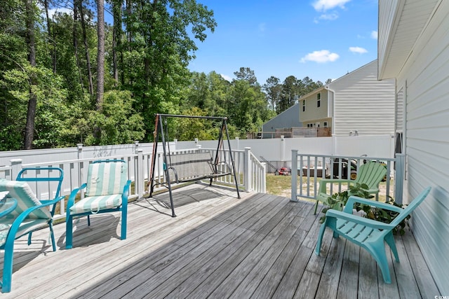 109 Winding Path Dr, Loris, SC 29569 - wooden terrace featuring a fenced backyard and view of wooded area