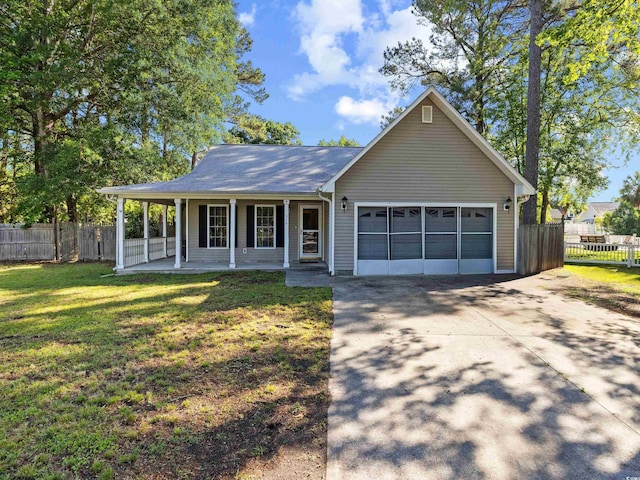 ranch-style house featuring an attached garage, concrete driveway, fence, and a porch