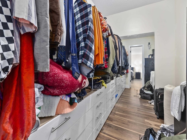 walk in closet with wood finished floors