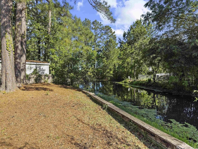 view of yard featuring a water view and a view of trees