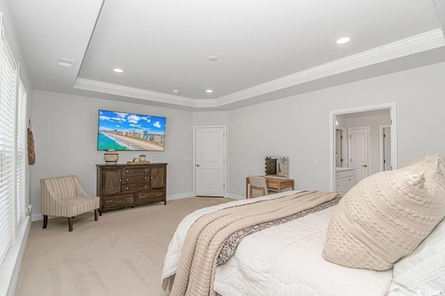 bedroom featuring light colored carpet, recessed lighting, a raised ceiling, and baseboards