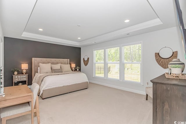 bedroom featuring baseboards, recessed lighting, and a tray ceiling