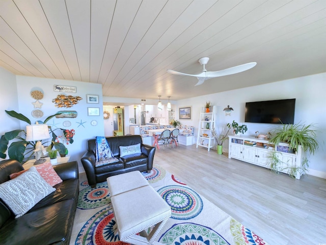 living room featuring wood ceiling, ceiling fan, baseboards, and wood finished floors