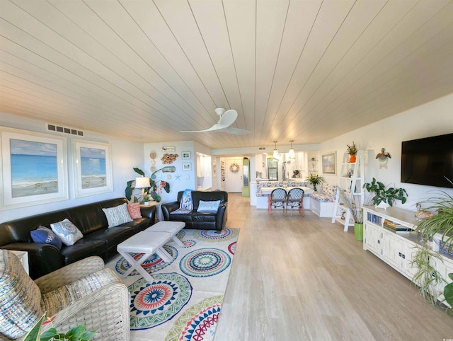 living room featuring wooden ceiling, light wood finished floors, and visible vents