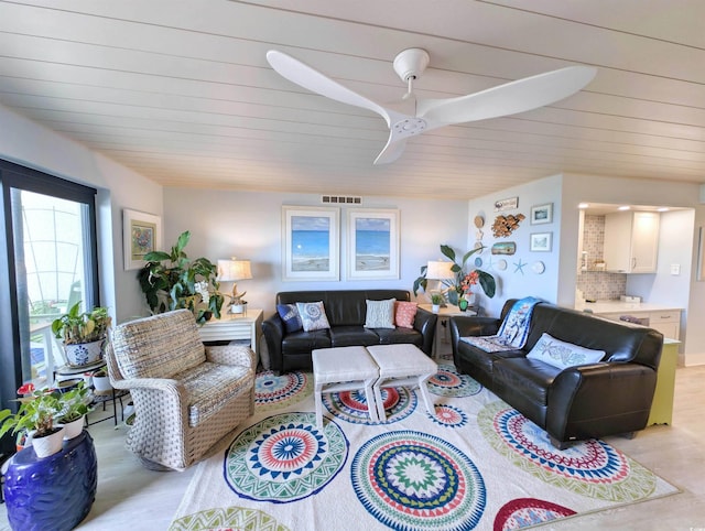 living area with visible vents, a ceiling fan, and wood ceiling