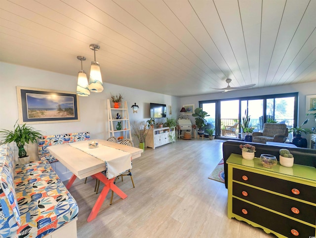 dining room with wood ceiling, a ceiling fan, and light wood finished floors