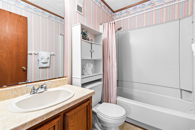 full bath with a textured ceiling, vanity, wallpapered walls, toilet, and shower / bathtub combination with curtain