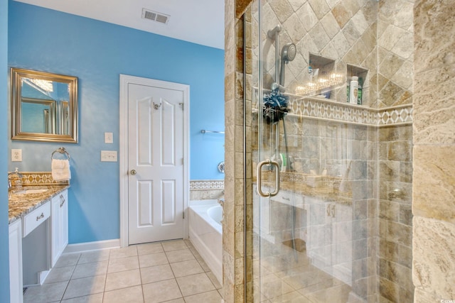 78 Saltwind Loop, Murrells Inlet, SC 29576 - full bath featuring vanity, tile patterned flooring, visible vents, a bath, and a stall shower
