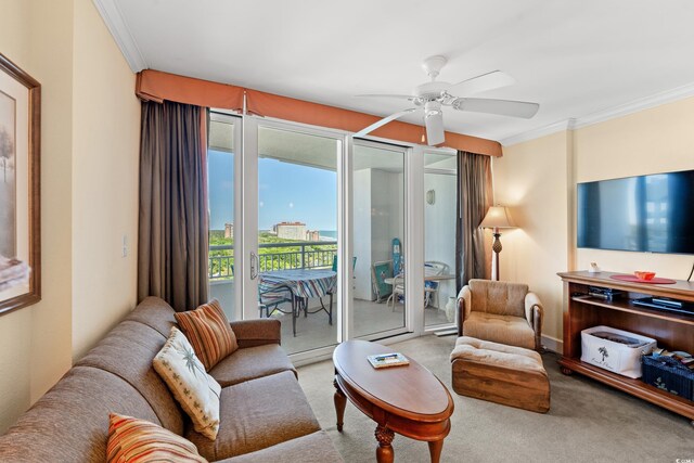 215 77th Ave N Unit 807, Myrtle Beach, SC 29572 - living room featuring crown molding, carpet floors, and ceiling fan