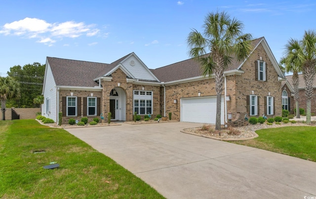 view of front of property featuring a front yard, roof with shingles, brick siding, an attached garage, and driveway