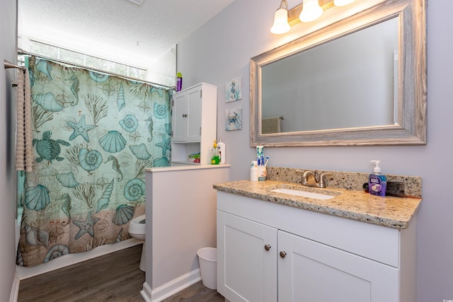 bathroom with vanity, wood finished floors, and toilet