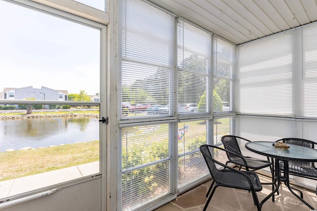 sunroom with a healthy amount of sunlight and a water view