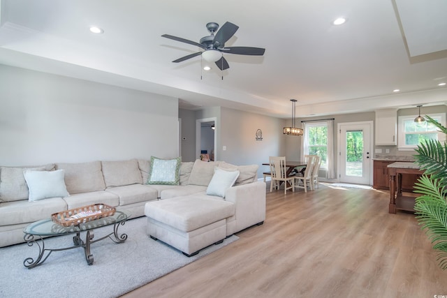 294 Field Loop Rd, Georgetown, SC 29440 - living area with recessed lighting, a ceiling fan, light wood finished floors, and a raised ceiling