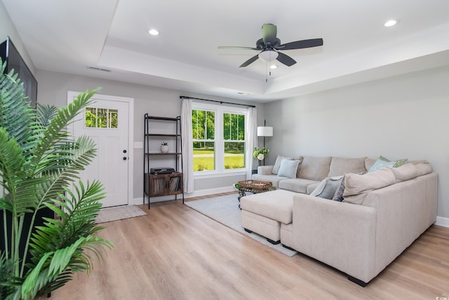 294 Field Loop Rd, Georgetown, SC 29440 - living area with a raised ceiling, light wood-style floors, ceiling fan, baseboards, and recessed lighting