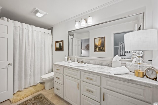 109 Pioneer Loop, Georgetown, SC 29440 - bathroom featuring ornamental molding, vanity, toilet, tile patterned floors, and a shower with shower curtain