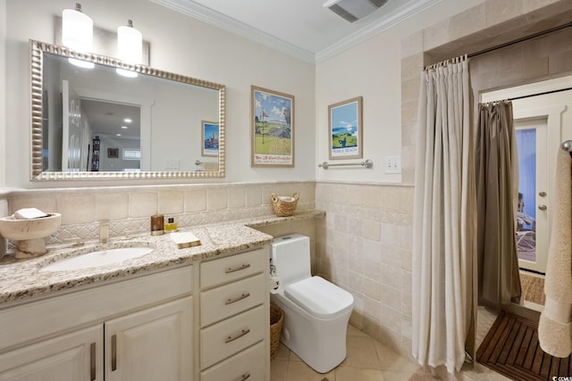 full bathroom featuring visible vents, crown molding, toilet, tile walls, and tile patterned floors