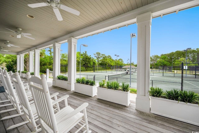 109 Pioneer Loop, Georgetown, SC 29440 - wooden terrace featuring a tennis court and a ceiling fan