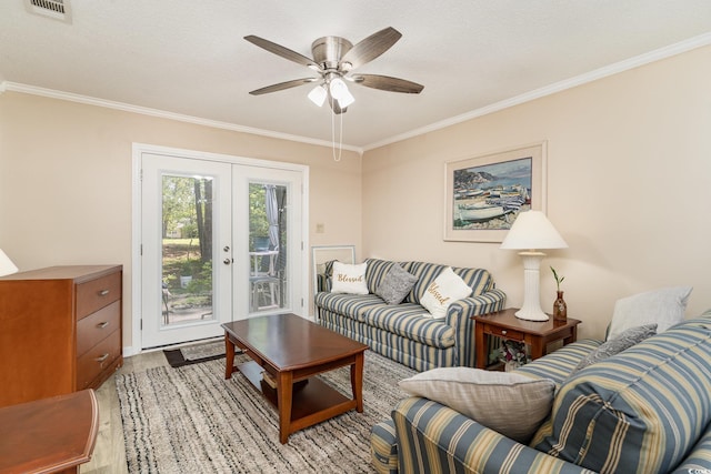 6734 Blue Heron Blvd Unit 104, Myrtle Beach, SC 29588 - living room with crown molding, light wood-type flooring, visible vents, and french doors