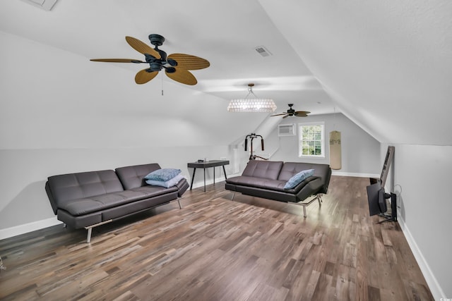 sitting room featuring visible vents, baseboards, ceiling fan, and wood finished floors