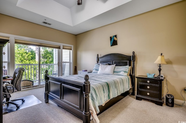 bedroom featuring carpet floors, ceiling fan, visible vents, and access to exterior
