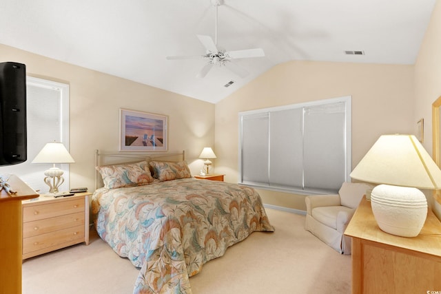 1617 Tradition Club Dr, Pawleys Island, SC 29585 - bedroom featuring light colored carpet, ceiling fan, vaulted ceiling, and visible vents