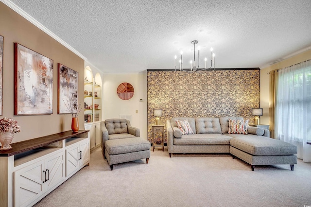 8209 Timber Ridge Rd, Conway, SC 29526 - living room featuring ornamental molding, a chandelier, a textured ceiling, and light carpet