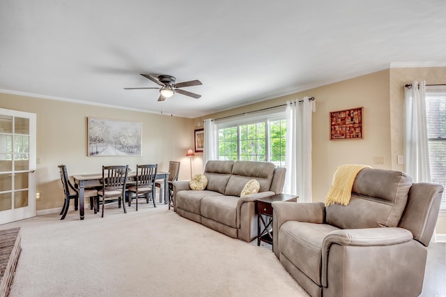 8209 Timber Ridge Rd, Conway, SC 29526 - living room with a ceiling fan, ornamental molding, carpet, and baseboards