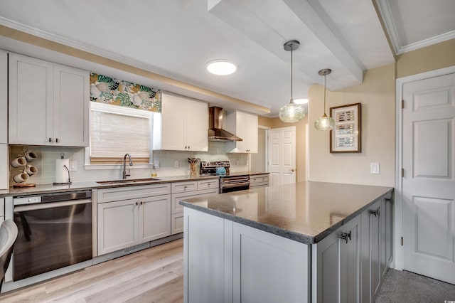 8209 Timber Ridge Rd, Conway, SC 29526 - kitchen featuring dishwashing machine, a sink, wall chimney range hood, stainless steel electric range, and ornamental molding