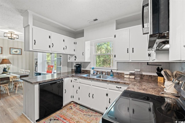 kitchen featuring a textured ceiling, visible vents, dishwasher, a sink, and white cabinets