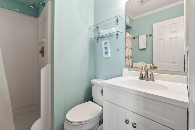 bathroom with visible vents, curtained shower, vanity, toilet, and ornamental molding
