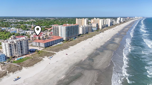 bird's eye view with a beach view and a water view