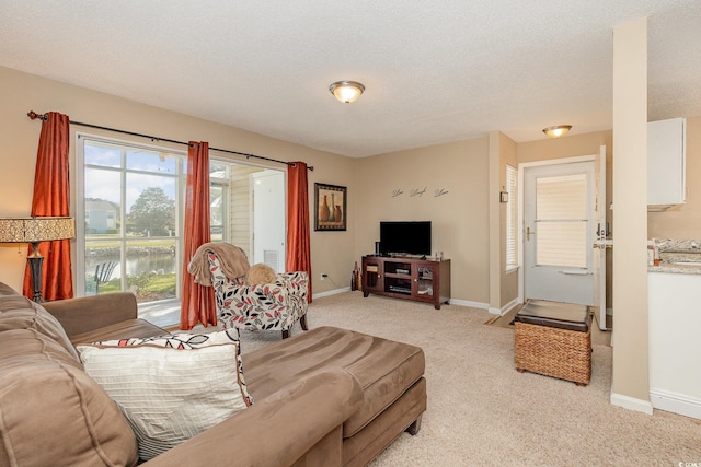living area featuring baseboards, a textured ceiling, and light carpet