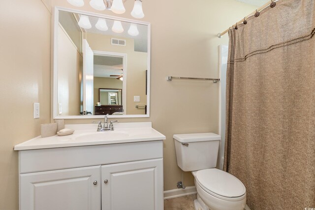 bathroom with toilet, visible vents, a shower with shower curtain, and vanity