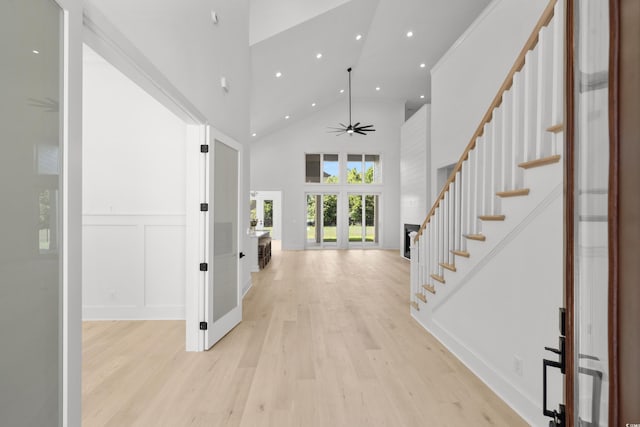 985 Shipmaster Ave, Myrtle Beach, SC 29579 - entryway featuring stairway, high vaulted ceiling, light wood finished floors, and recessed lighting