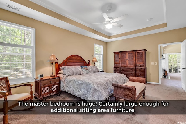 156 Summerlight Dr, Murrells Inlet, SC 29576 - carpeted bedroom featuring a tray ceiling, crown molding, multiple windows, baseboards, and a ceiling fan