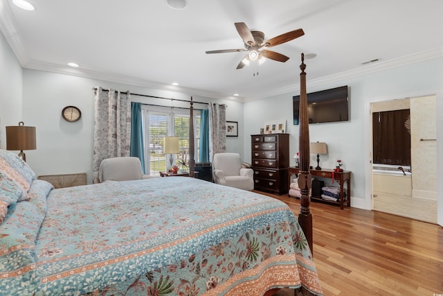 bedroom featuring light wood-style flooring, visible vents, baseboards, ornamental molding, and recessed lighting