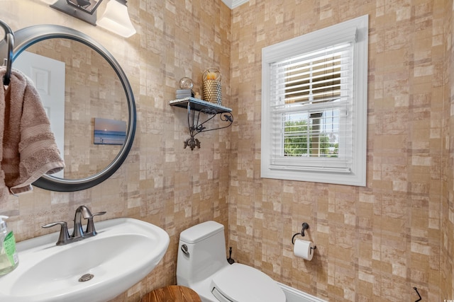 bathroom featuring toilet, tile walls, and a sink