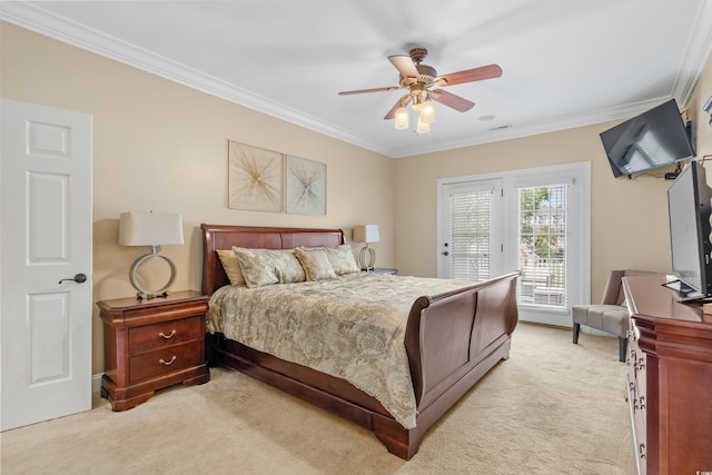bedroom with ornamental molding, light carpet, access to outside, and ceiling fan