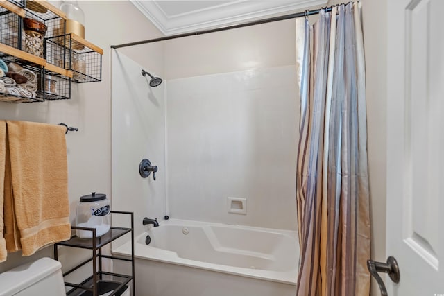 full bathroom with toilet, ornamental molding, and shower / tub combo