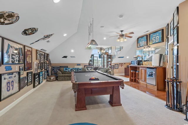 playroom with lofted ceiling, carpet, ceiling fan, billiards, and a bar