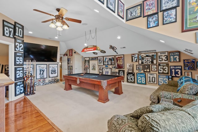 playroom featuring pool table, carpet floors, ceiling fan, lofted ceiling, and recessed lighting
