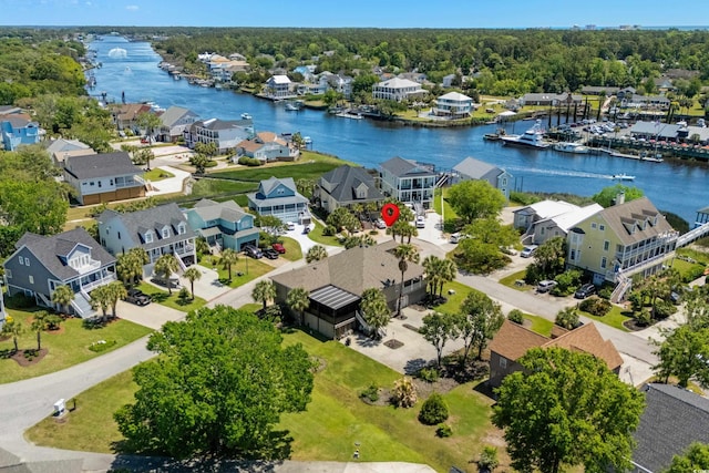 aerial view featuring a water view and a residential view