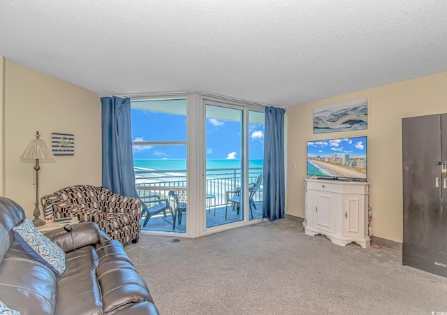 living area featuring a textured ceiling, a wall of windows, and carpet