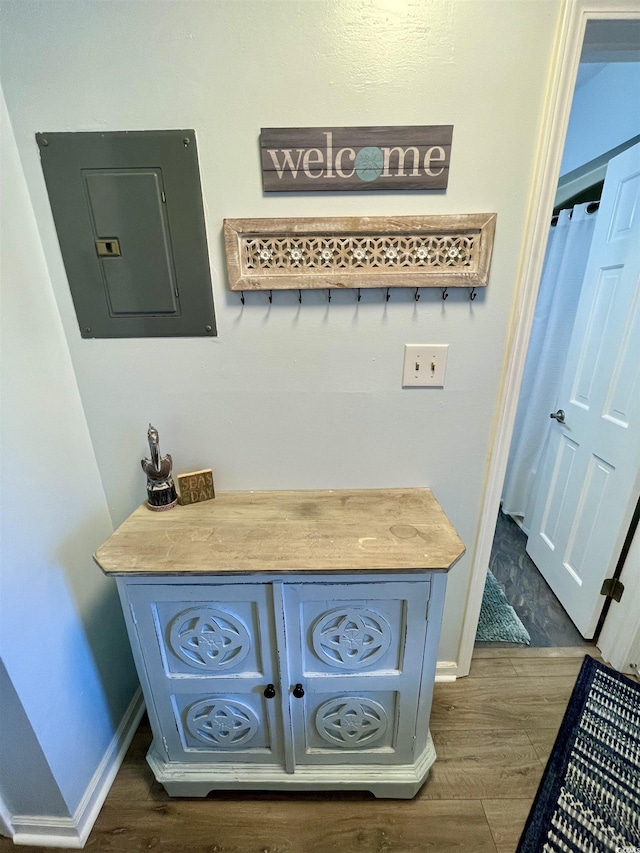 interior space with baseboards, electric panel, and wood finished floors