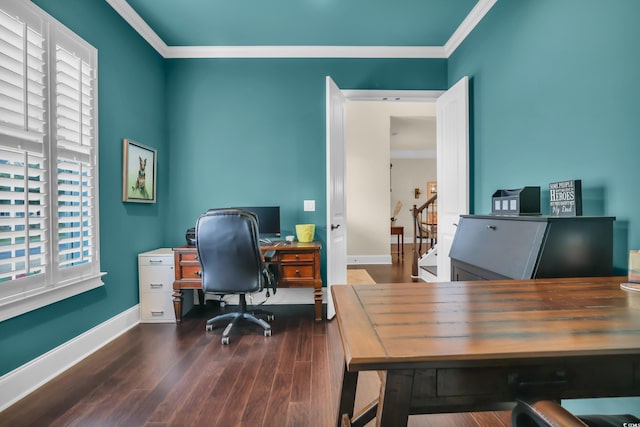 home office featuring crown molding, baseboards, and dark wood-style floors