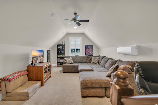 carpeted living area with ceiling fan, baseboards, and lofted ceiling